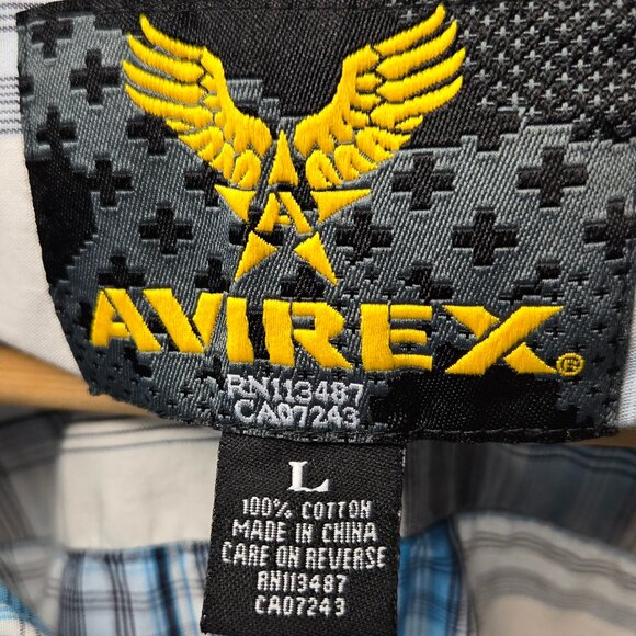 Avirex Button Up Shirt Men's Blue Plaid Military Inspired Pocket Spell Out L - Picture 6 of 6